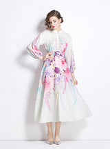 Retro Stand-up Lantern Sleeve Printed Dress