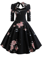 Retro Printed Mid-sleeve Lace-up Dress