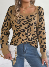 Square Collar Button Leopard Long Sleeve Sweater