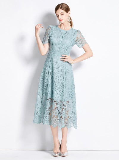 Retro Round Neck Lotus Leaf Sleeve Lace Dress