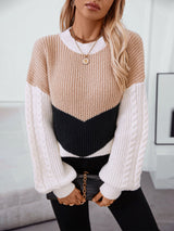 Contrasting Color Round Neck Loose Twisted Sweater