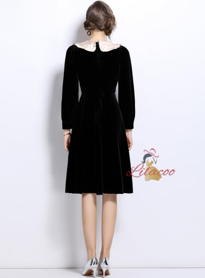 Retro Slim Waist Velvet Long Sleeve Dress