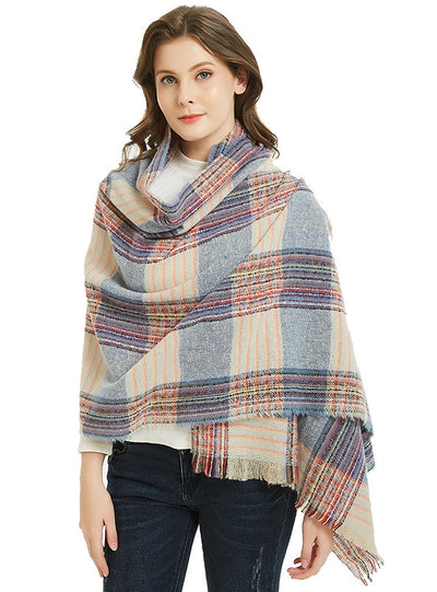 Double Fringed Plaid Scarf Shawl