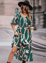 Printed Long-sleeved Pleats Dress