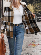 Women Sanded Pocket Lapel Plaid Coat