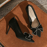 Diamond Bow Suede Pointed Stiletto Shoes