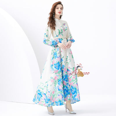 Retro Stand-up Collar Single-breasted Printed Long Dress