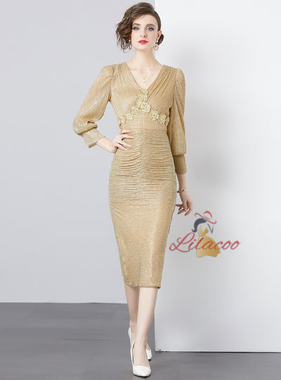 V-neck Bright Silk Long Sleeve Dress