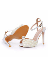 11cm High-heeled Fishmouth Pearl Wedding Shoes