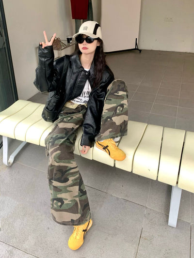 Camouflage Flanging Low Waist Straight Pants