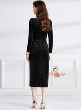 Square Wave Split Slim Bow Velvet Dress