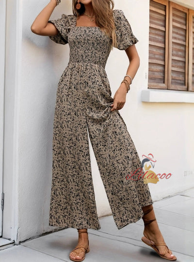 Square Collar Puff Sleeve Wide-leg Printed Jumpsuit