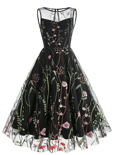 Vintage Embroidery Mesh Floral Print Dress