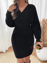 V-neck Bat Sleeve Solid Color Knitted Sweater Dress