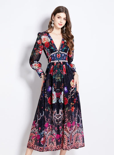 V-neck Printed Long Sleeve Dress