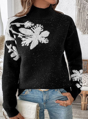 High Neck Contrast Jacquard Pullover Sweater