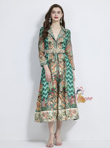 Retro Holiday Style Suit Collar Printed Long Sleeve Dress