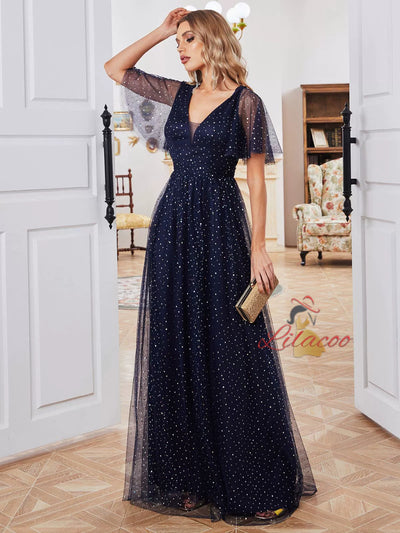 Navy Blue Tulle Sequins V-neck Prom Dress