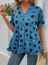 Loose Bat Sleeve V-neck Polka-dot Shirt