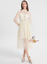 Lace Stitching Gauze Long Sleeve Dress