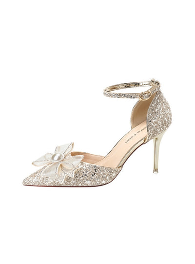 One-button Sequined Rhinestone Bow Heels