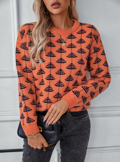 Jacquard Loose Round Neck Long Sleeve Sweater