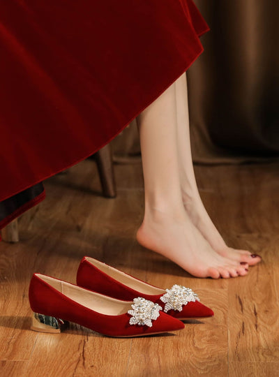 Thick-heeled Suede Red Wedding Shoes