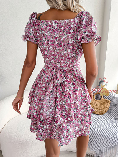 Women Floral Silm Waist Swing Dress