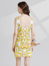 Yellow Porcelain Round Neck Print Dress