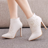 Thin-heeled Pointed Lace Wedding Boots