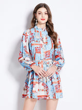 Printed Long-sleeved Retro Short Dress