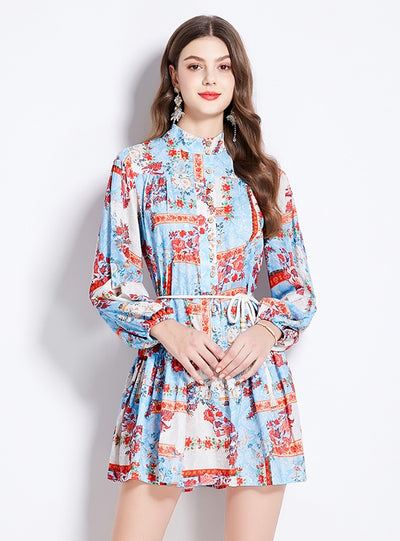 Printed Long-sleeved Retro Short Dress