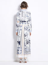 Retro Printed Lapel Long Sleeve Dress