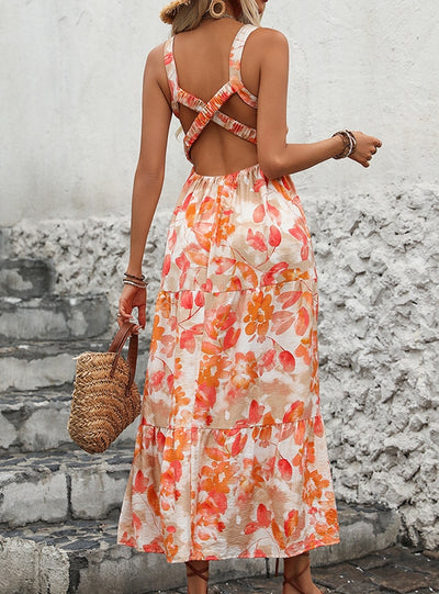 Open-back V-neck Sling Floral Dress