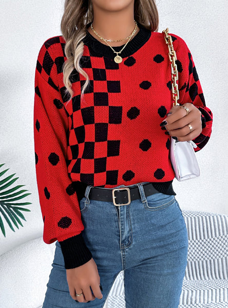 Leisure Contrast Polka Dot Lantern Sleeve Sweater