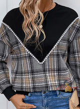 Plaid Sitching Round Neck Top