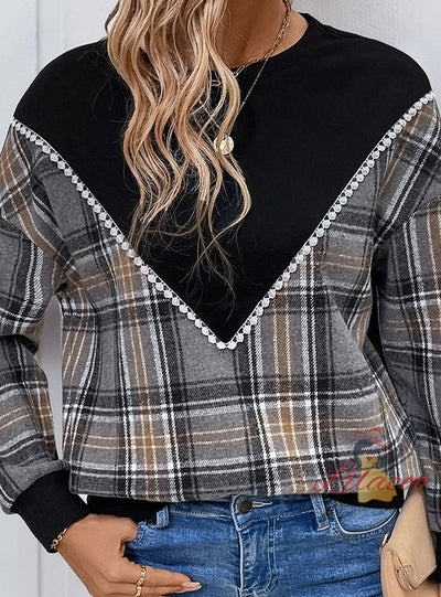 Plaid Sitching Round Neck Top