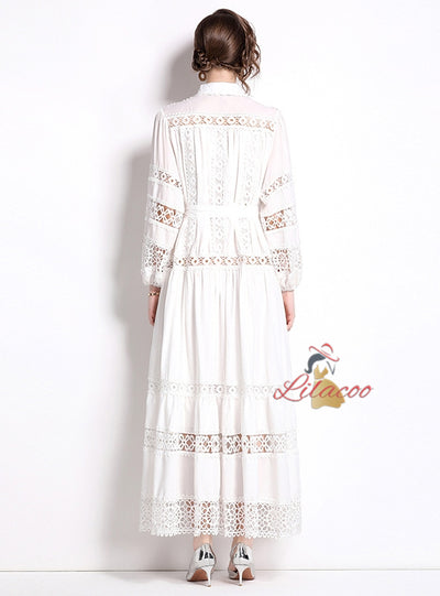 Fashion Lapel Stitching Lace Lantern Sleeve Dress