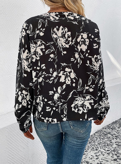 V-neck Loose Print Long Sleeve Shirt