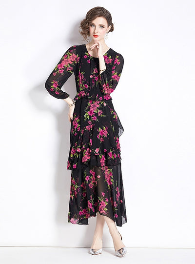 Retro Printed Chiffon Slim Ruffled Dress