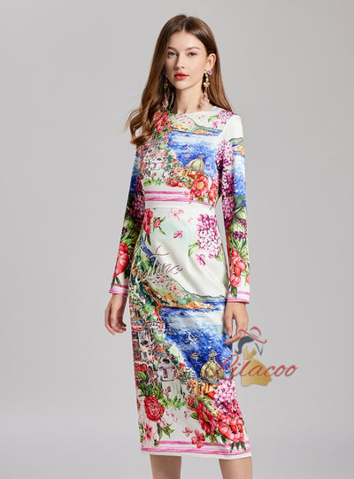 Landscape Print Slim Round Neck Long Sleeve Dress