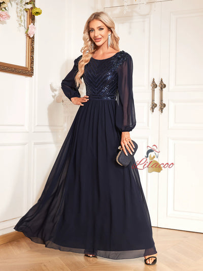 Navy Blue Chiffon Long Sleeve Prom Dress