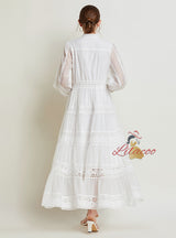 Retro Lace Stitching V-neck Lantern Sleeve Dress