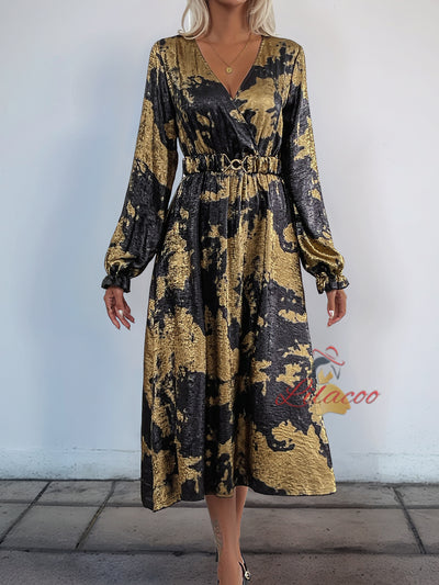 V-neck Long Sleeve Bronzing Dress