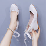 5 cm Thick-soled Beaded Ribbon Shoes