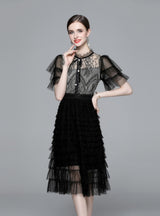 Bow Round Neck Lace Short Sleeve Mesh Cake Dress