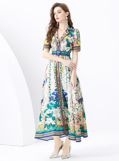 Holiday Short Sleeve Printed Long Dress