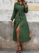 Lapel Green Long Sleeve Solid Color Dress