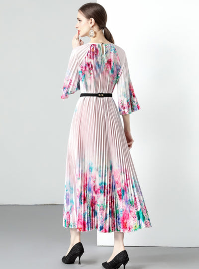 Gradual Flower Pleated Big Swing Dress