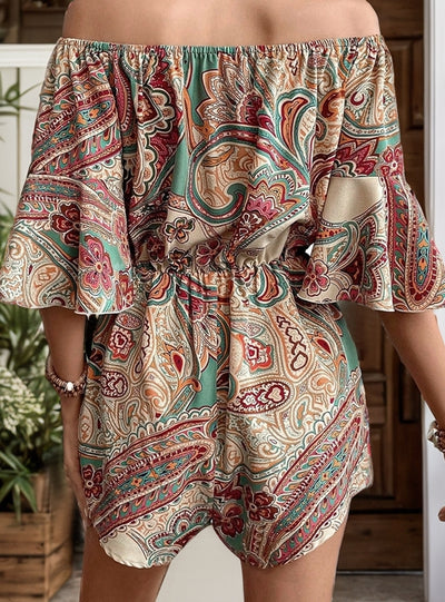 Off-the-shoulder National Wind Printed Jumpsuit